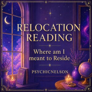 May include: An artistic digital illustration with the text "RELOCATION READING" and "Where am I meant to Reside". The image features a window with a crescent moon, candles, books, and a globe, all in a purple and gold color scheme.