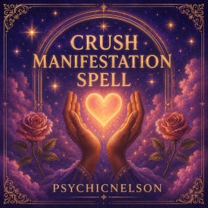 May include: An artistic illustration with the text "CRUSH MANIFESTATION SPELL" above a glowing heart held by two hands. The image features roses, clouds, and stars, with the name "PSYCHICNELSON" at the bottom.