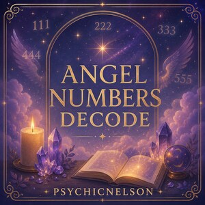May include: An illustration with the text "ANGEL NUMBERS DECODE" in gold lettering. The image features angel wings, crystals, a lit candle, an open book, and a crystal ball. The background is a starry night sky with clouds.