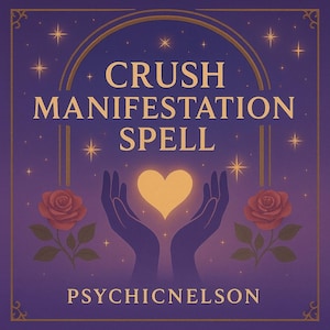 Op de afbeelding: Een vierkant grafisch ontwerp met een paarse achtergrond met de gouden tekst "CRUSH MANIFESTATION SPELL". Daaronder houden twee handen een gloeiend gouden hart vast. Twee rode rozen flankeren het hart, met "PSYCHICNELSON" eronder.