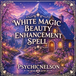 Può includere: Immagine illustrata con il testo "WHITE MAGIC BEAUTY ENHANCEMENT SPELL" e "PSYCHICNELSON". L'immagine raffigura un cottage, un ruscello e montagne sotto un cielo stellato, con un bordo decorativo. La tavolozza dei colori include sfumature di viola, rosa e blu.