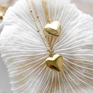 Op de afbeelding: Twee gouden hartvormige kettingen op een wit, getextureerd koraalachtig object, in een witte schaal. Eén ketting heeft een effen hartvormige hanger, de andere een gedetailleerde hartmedaillon. De achtergrond is een licht houten oppervlak.