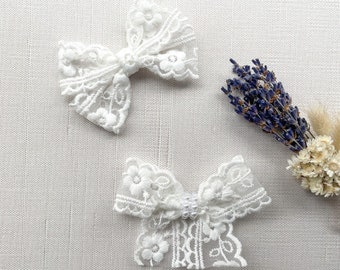 White Lace Hair Bow Clip, Toddler Girl Accessories, Handmade Floral Detail