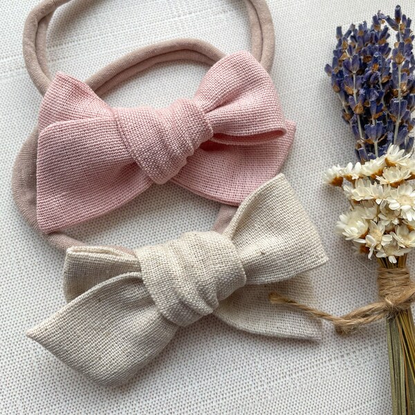 Pinwheel Hair Bows | Linen Bows | Toddle Headband | Baby Nylon Headband | Classic Hair Bows |