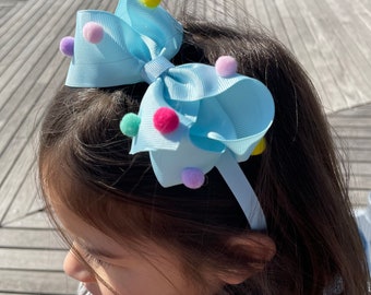 Pom Pom Bow Headband | Hard Headband With Bow | Big Bow Headband | Toddler Headband | Girls Hard Headband | Hair Bows