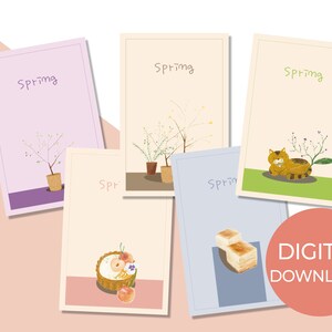 Frühlingspostkarte | Digitale Handzeichnung | Druckbare Postkarten-| Zimmer Deco | 5 Set Postkarte | Süße und warme Postkarte