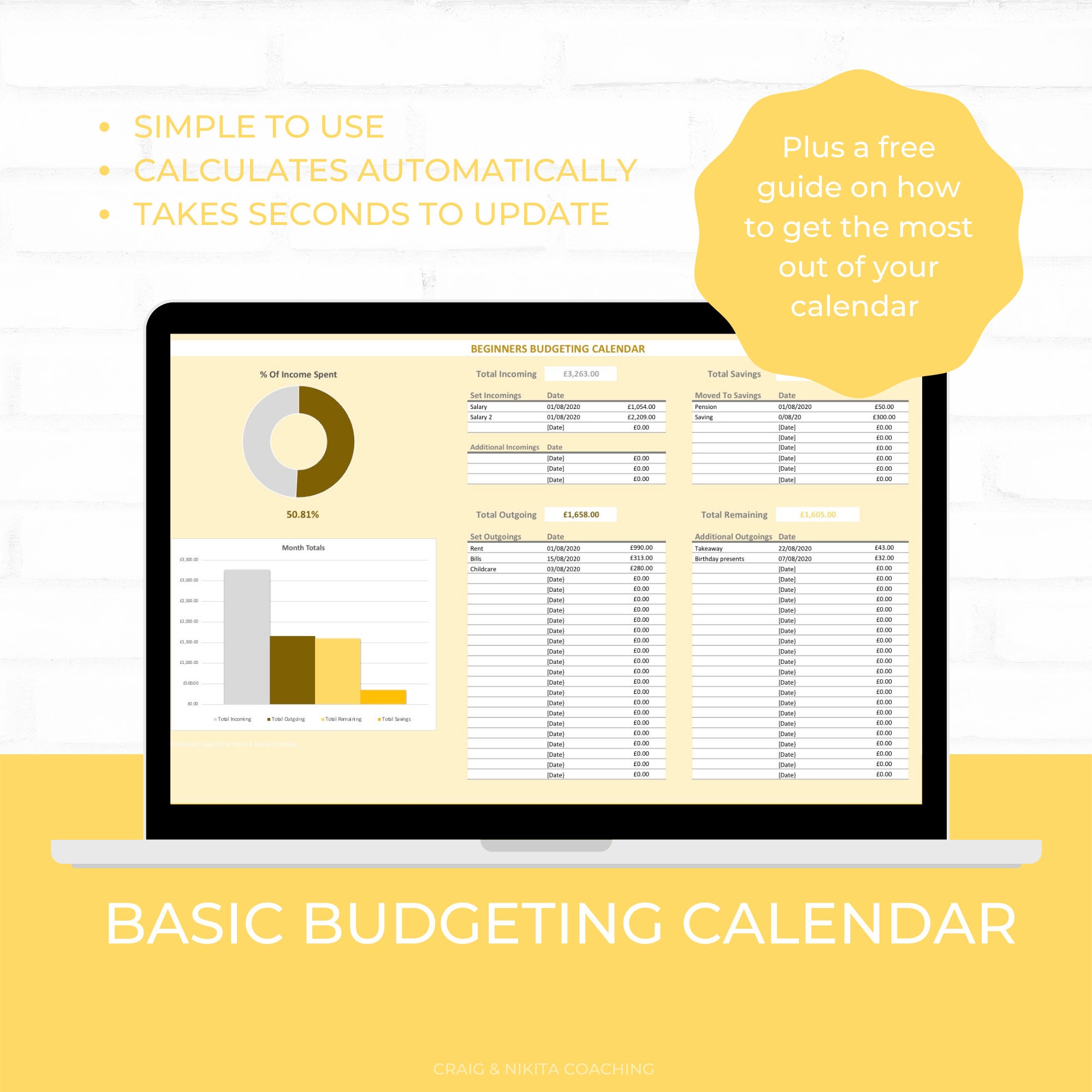 Basic budget calendar excel spreadsheet yellow budget Etsy