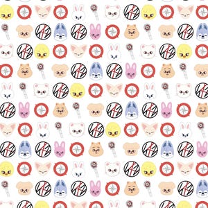 Puede incluir: Un patrón repetitivo de caras de animales de dibujos animados, brújulas y micrófonos sobre un fondo blanco. Los animales incluyen conejos, gatos, perros y zorros en varios colores. Las brújulas tienen bordes rojos y los micrófonos mangos plateados.