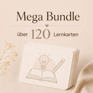 Könnte beinhalten: Ein Stapel rechteckiger Lernkarten mit abgerundeten Ecken, die eine Strichzeichnung eines offenen Buches, einer Glühbirne und eines Bleistifts zeigen. Der Text darüber lautet Mega Bundle über 120 Lernkarten, mit einem kleinen Herz dazwischen.