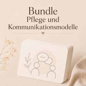May include: A stack of rectangular cards with rounded corners featuring a brown line drawing of two figures, speech bubbles, and a leafy branch. The text Bundle Pflege und Kommunikationsmodelle is printed in brown above the card stack.