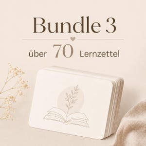Peut inclure: Une pile de fiches de révision rectangulaires aux coins arrondis, présentant une illustration au trait d'un livre ouvert avec une branche feuillue au centre. Le texte Bundle 3 über 70 Lernzettel est imprimé en brun au-dessus des cartes.