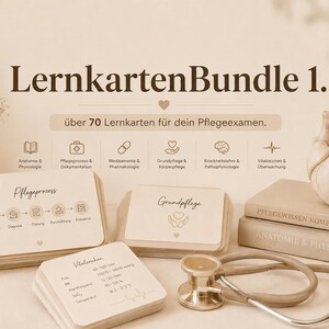 May include: A set of educational study cards titled LernkartenBundle 1, featuring topics like anatomy, pharmacology, and nursing care. The cards are displayed with a stethoscope, two books, and a heart model in a neutral, monochromatic beige tone.