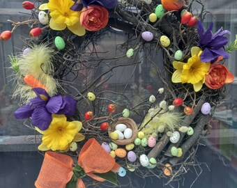 Easter wreath with eggs, Daffodils, mini Peonies and Iris