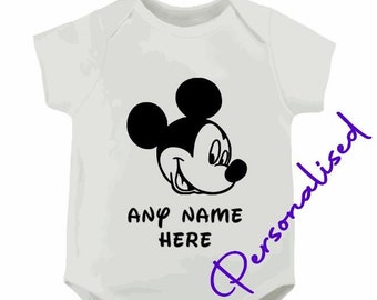 Mickey Mouse Disney style Personalised name novelty babygrow bodysuit cute Slogan - 0-3months 3-6 months, 6-9 months, 9-12 months