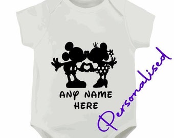 Mickey and Minnie Mouse love kiss Disney style Personalised name novelty babygrow bodysuit cute 0-3months 3-6 months, 6-9 months 9-12 months