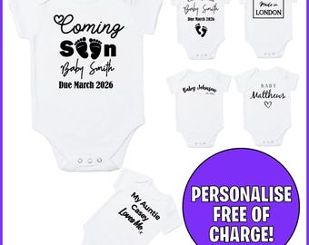 Personalised Custom Baby Name Vest heart Baby Grow Bodysuit Reveal Announcement - Perfect Gift
