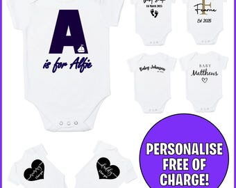 Personalised Custom Baby Name Vest heart Baby Grow Bodysuit Reveal Announcement