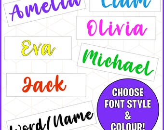 Personalised Word / Name vinyl Decals - Custom Names or words ideal for Lunch Boxes, Notebooks, Glass, Water Bottles Bridal Custom