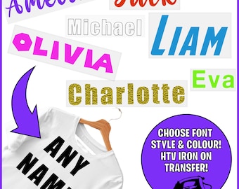Heat Transfer Iron on Personalised Style Font Name or word - Custom Text ideal for T-shirts, bags, fabrics etc!