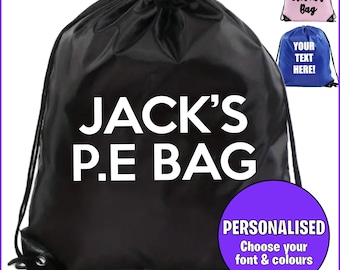 Personalised Name Back to School Drawstring Rucksack Bag. Kids Name on a PE Bag Swimming Bag Gym Bag Afterschool Club Bag