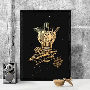 Spaceship Foil Print, Space Station Poster, Rocket and Stars Art