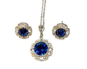 Vintage Avon Coletta Blue Crystal Necklace and Earring Gift Set, Silver Tone Flower Settings