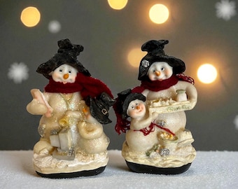 Festive Snowman Family Figurines Set - Vintage K'S Collection Glitter Resin Decor