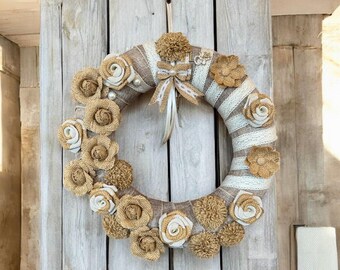 Burlap Roses Shabby Chic Wreath | Bohemian Lace Floral Decor