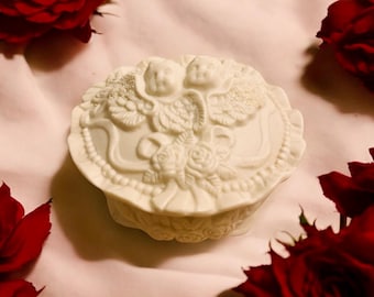 Cherub Trinket Box Floral Design - Vintage White Bisque Porcelain
