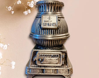 Pewtertone Pot Belly Stove Musical Box - Kitsch Americana Vintage Decor from 1974