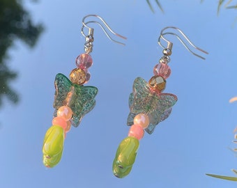 Beaded Dangle Drop Earrings - "Butterfly Fairy" | handmade, fairycore, cottagecore, magical, cute, pretty, statement, pink, green, shiny