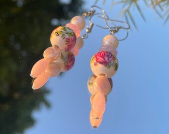 Beaded Dangle Drop Earrings - "Tea Party" | 3 variations | handmade, cottagecore, picnic, fairycore, pink, ceramic, tea cup, cute, elegant