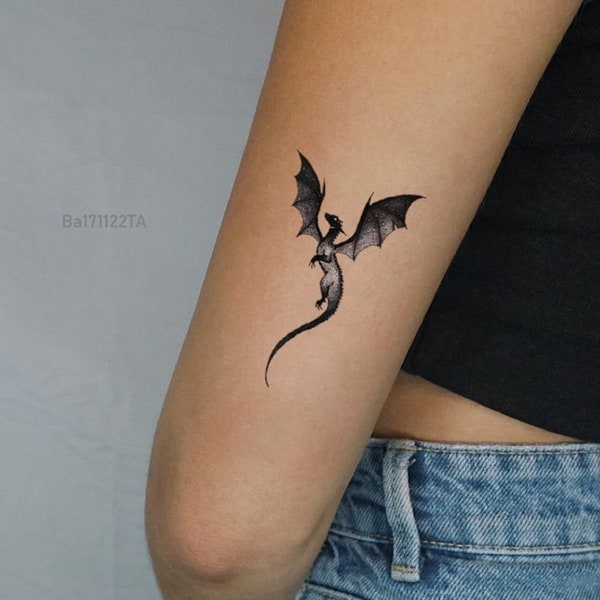 Tatouage temporaire minimaliste de dragon, petit tatouage imperméable de dragon Blackwork, petit tatouage pour femme, faux tatouage de dragon simple, tatouage girly