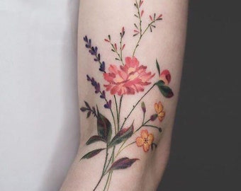 Colorful Flower Removable Tattoo - Fake Floral Tattoo - Temporary Flower Tattoo Waterproof - Flower Tattoo Idea For Girl - Woman Tattoo