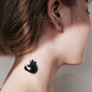 Tatuaje temporal de gato negro, tatuaje de bruja impermeable y removible, lindo tatuaje falso de gato negro para mamá gata y papá gata, idea de tatuaje de gato negro pequeño