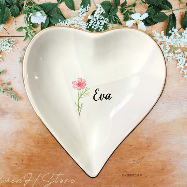 Custom Flower Trinket Bowl, Birth Month Floral Ring Dish, Bridesmaid Gift, Engagement Wedding Gift, December March May Flower Jewelry Tray
