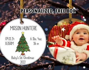 Custom Baby Photo, Baby's First Christmas Ornament With Birth Announcement, Baby's 1st Christmas, Custom Baby's Birthday Ornament Gift