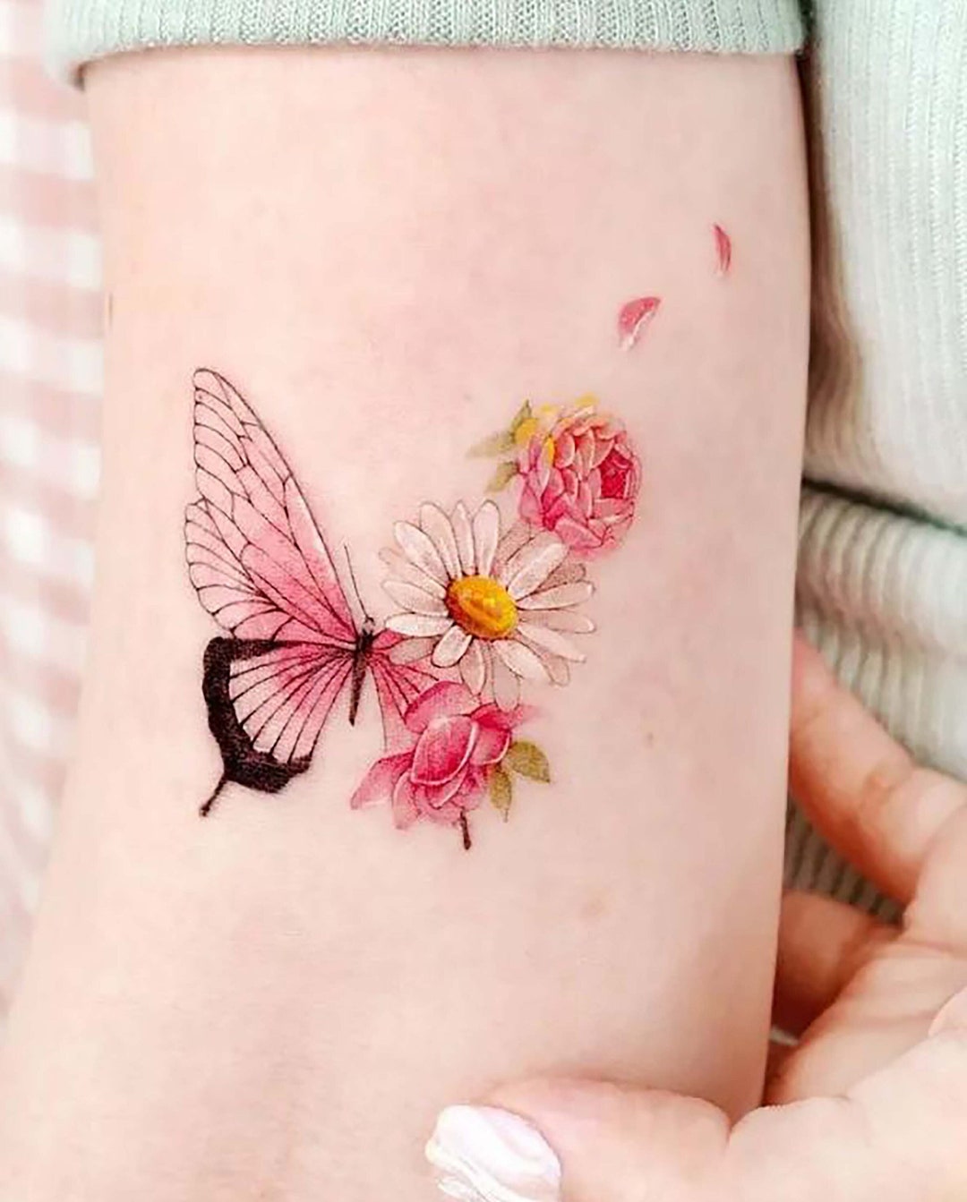 Butterfly and Flower Temporary Tattoo, Floral Butterfly Fake Tattoo