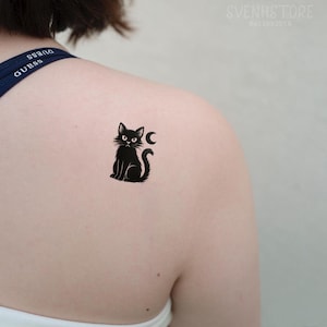 Black Cat Moon Tattoo, Cute Cat Temporary Tattoo, Halloween Tattoo, Cat And Moon Tattoo, Moon Cat Tattoos, Halloween Gift, Halloween Party