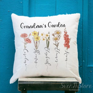 Personalized Grandma's Garden Pillow With Grandkids Names, Mother's Day Gifts For Grandmother, Personalized Birthflower Pillow For Grandma