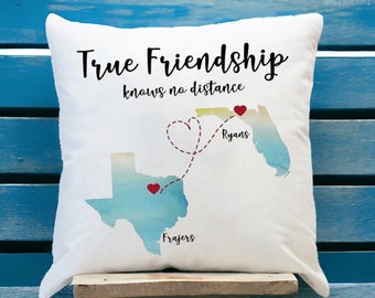 Long Distance Friendship Pillow-Besties Pillow Case-Best Friend Gifts-Custom State To State Pillow-True Friendship Know No Distance Pillow