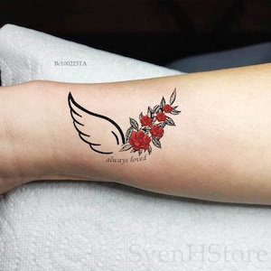 Tatuaggio temporaneo con ali d'angelo e rosa, tatuaggio finto rimovibile significativo, regali personalizzati con tatuaggi abbinati impermeabili, tatuaggio sempre amato