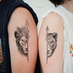 Lion Arrow Couple Matching Temporary Tattoo, King And Queen Lion Tattoo For Couples, Waterproof Couple Matching Tattoo Gifts For Boyfriend