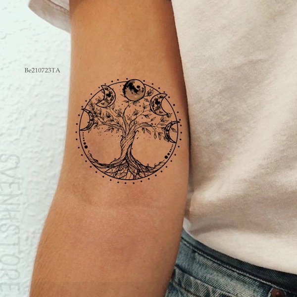 Tree Of Life Temporary Tattoo, Mystical Moon Phases Tattoo, Sacred Geometry Spiritual Tattoo Ideas, Moon Tattoo, Waterproof Fake Tattoo Gift