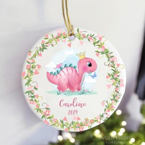 Girls Dinosaur Christmas Ornament, Pink Dinosaur, Personalized Christmas Ornament, Baby Girl Ornament, Gift For Daughter Granddaughter Niece
