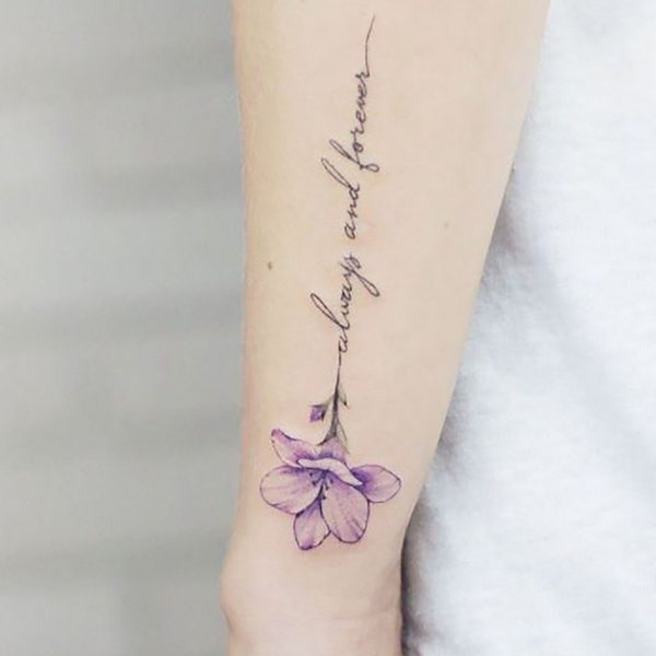 Always And Forever Purple Flower Tattoo - Fake Flower Tattoo - Tattoo With Name And Flower - Personalized Temporary Waterproof Flower Tattoo