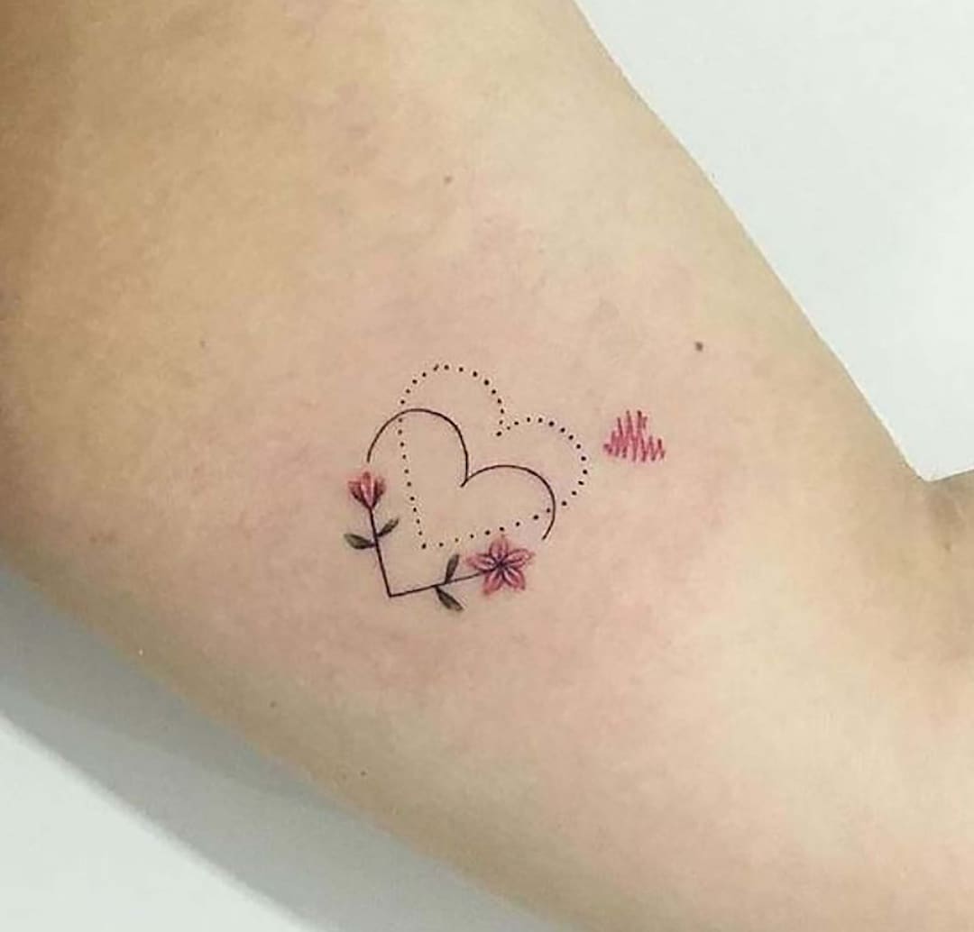 Simple and Small Flower Heart Tattoo, Mini Temporary Tattoo Heart Color