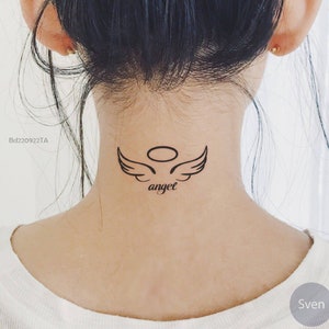 Gepersonaliseerde engelenvleugels met halo tijdelijke tattoo, halo engel aangepaste tekst waterdichte tattoo, verwijderbare tattoo cadeau voor dochter, moeder, meisje