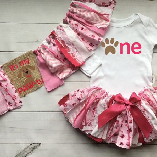 Puppy Dog It's My Pawty Tutu 1st Birthday Fabric Tutu Shirt Banner Headband Woof Birthday set 4 piece set Buy what you need