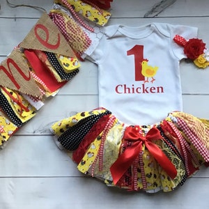 Chicken Chickadee Birthday Farm First 1st ONE (or 2, 3,etc) Fabric Tutu Shirt Headband Banner buy only what you need